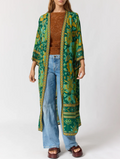 Bohemian Floral Print Belted Maxi Kimono Cover-Up