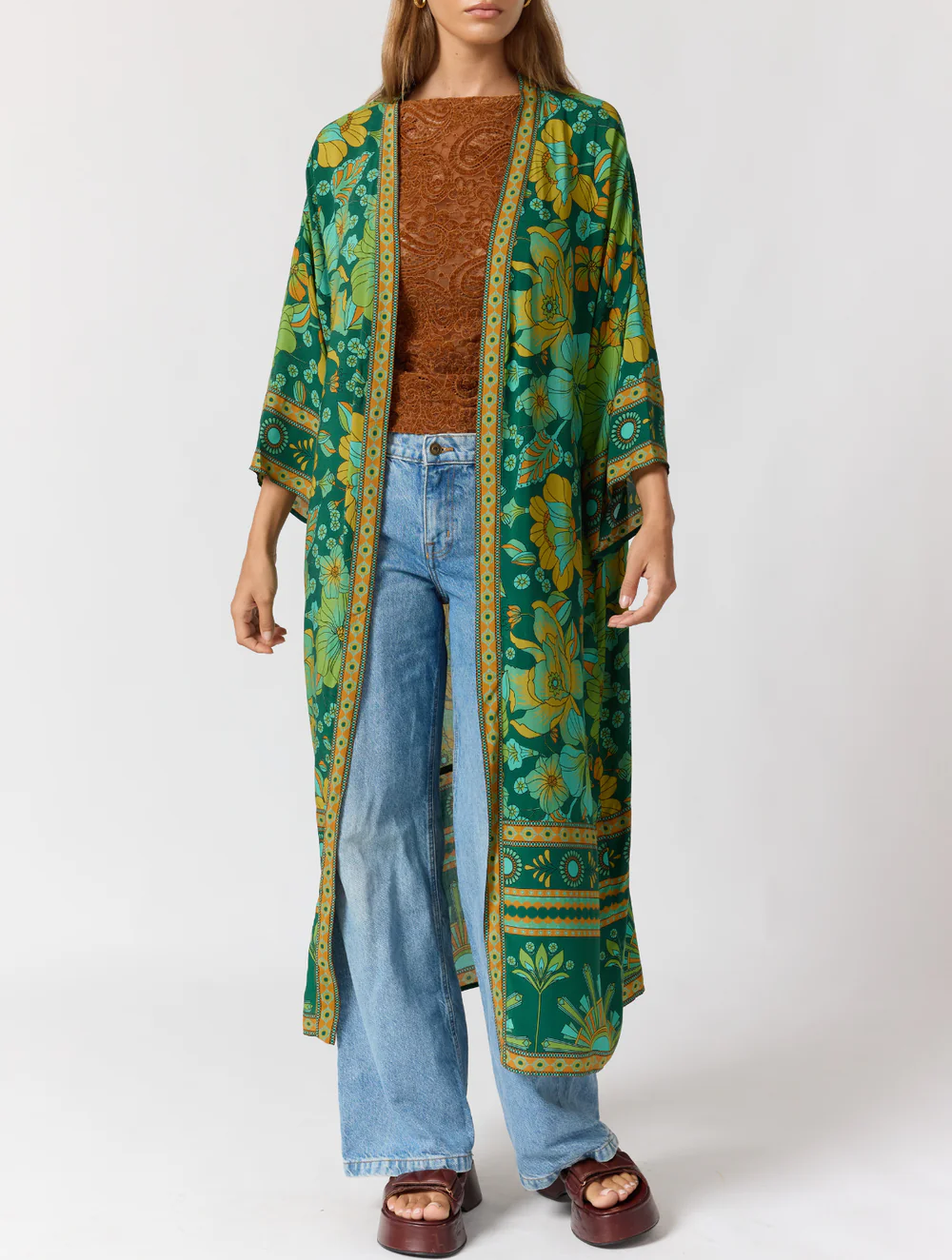 Bohemian Floral Print Belted Maxi Kimono Cover-Up