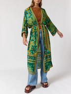 Bohemian Floral Print Belted Maxi Kimono Cover-Up