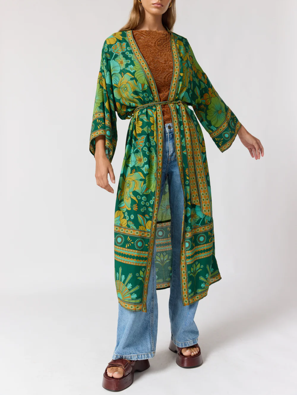 Bohemian Floral Print Belted Maxi Kimono Cover-Up