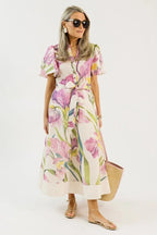 Cream Iris Print Button-Front Midi Shirt Dress with Belt