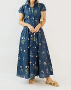 Navy Botanical Floral Midi Shirt Dress