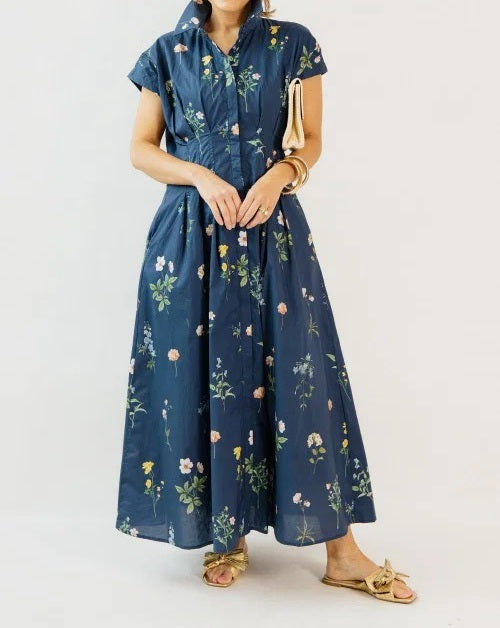 Navy Botanical Floral Midi Shirt Dress