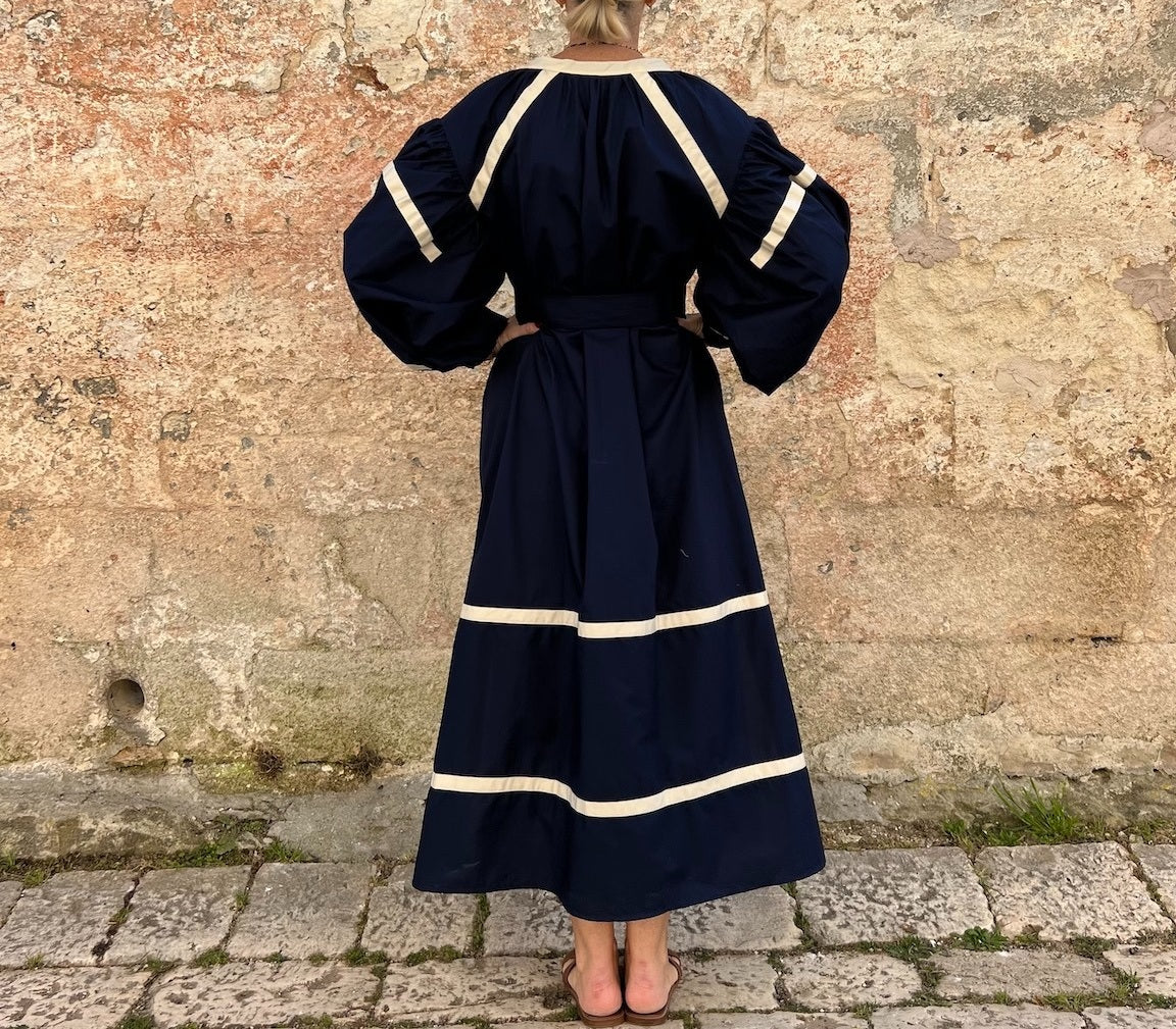 Navy & White Trimmed Linen Blend Vacation Dress