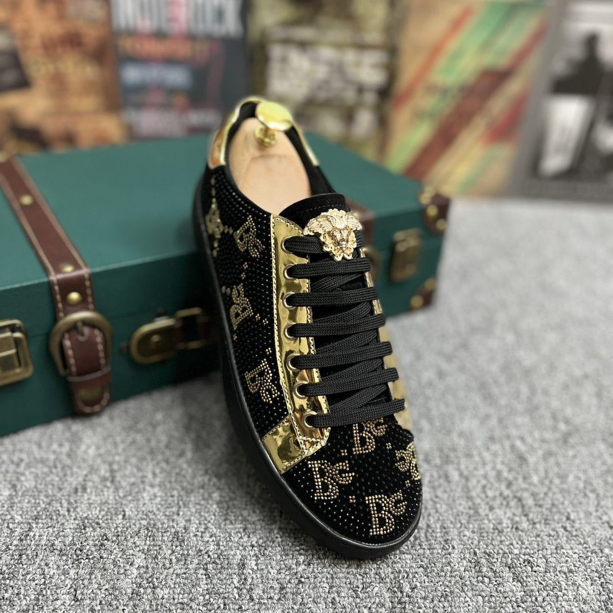Luxury Black & Gold Rhinestone Medallion Sneakers