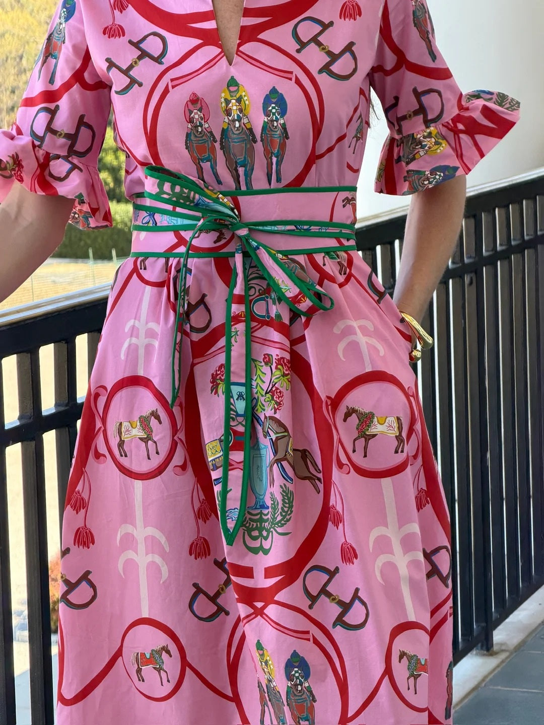 Garden Party Equestrian Print Pink Midi Dress