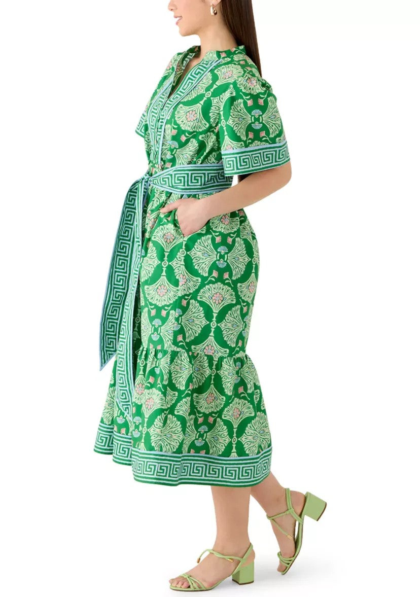 Green Greek Key Print Belted Midi Dress