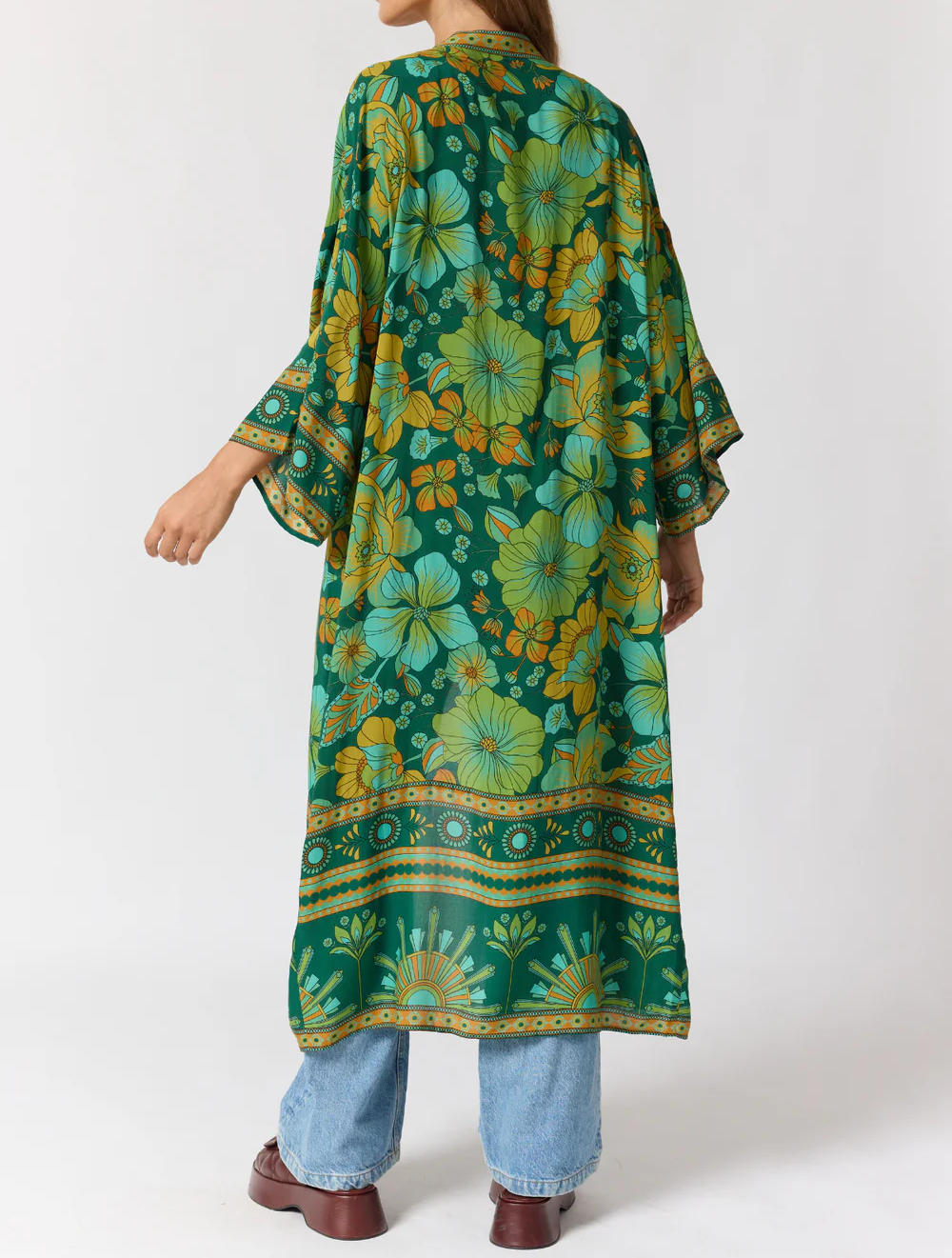 Bohemian Floral Print Belted Maxi Kimono Cover-Up