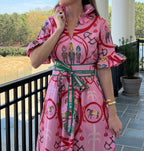 Garden Party Equestrian Print Pink Midi Dress