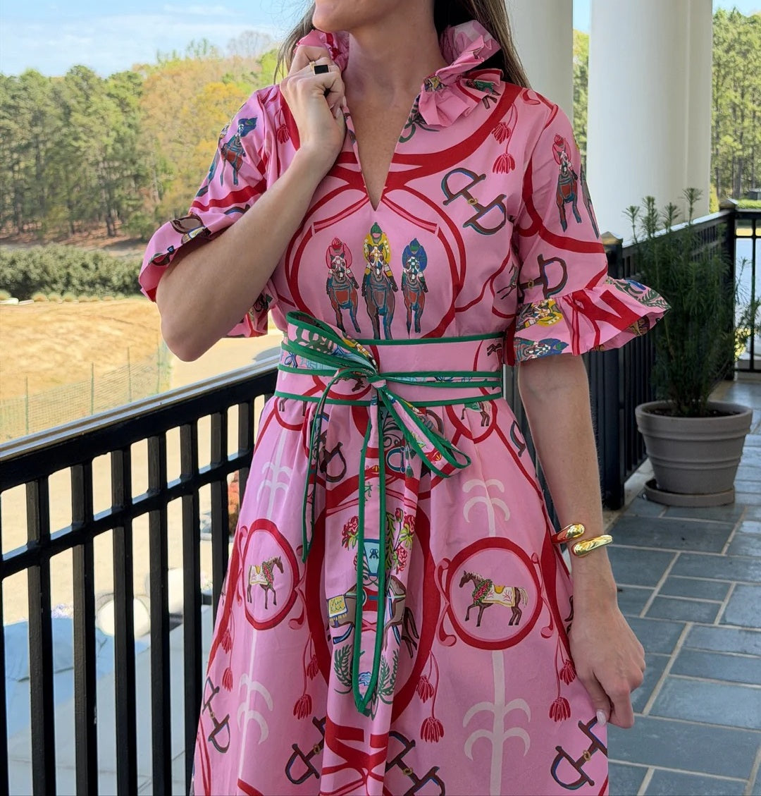 Garden Party Equestrian Print Pink Midi Dress