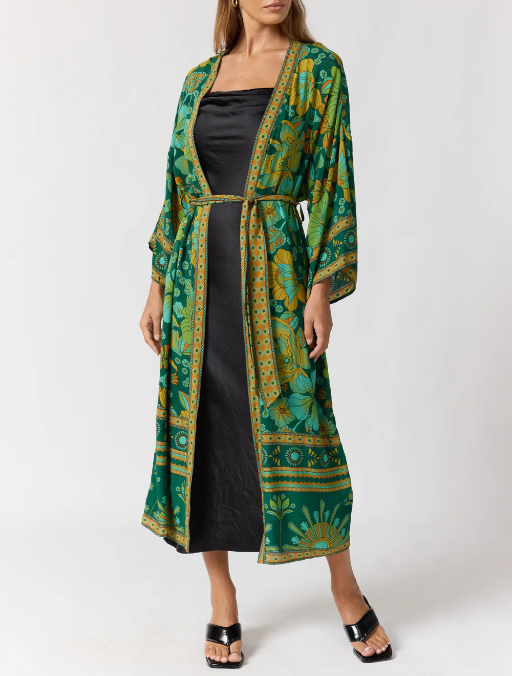 Bohemian Floral Print Belted Maxi Kimono Cover-Up