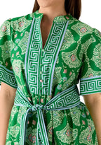 Green Greek Key Print Belted Midi Dress