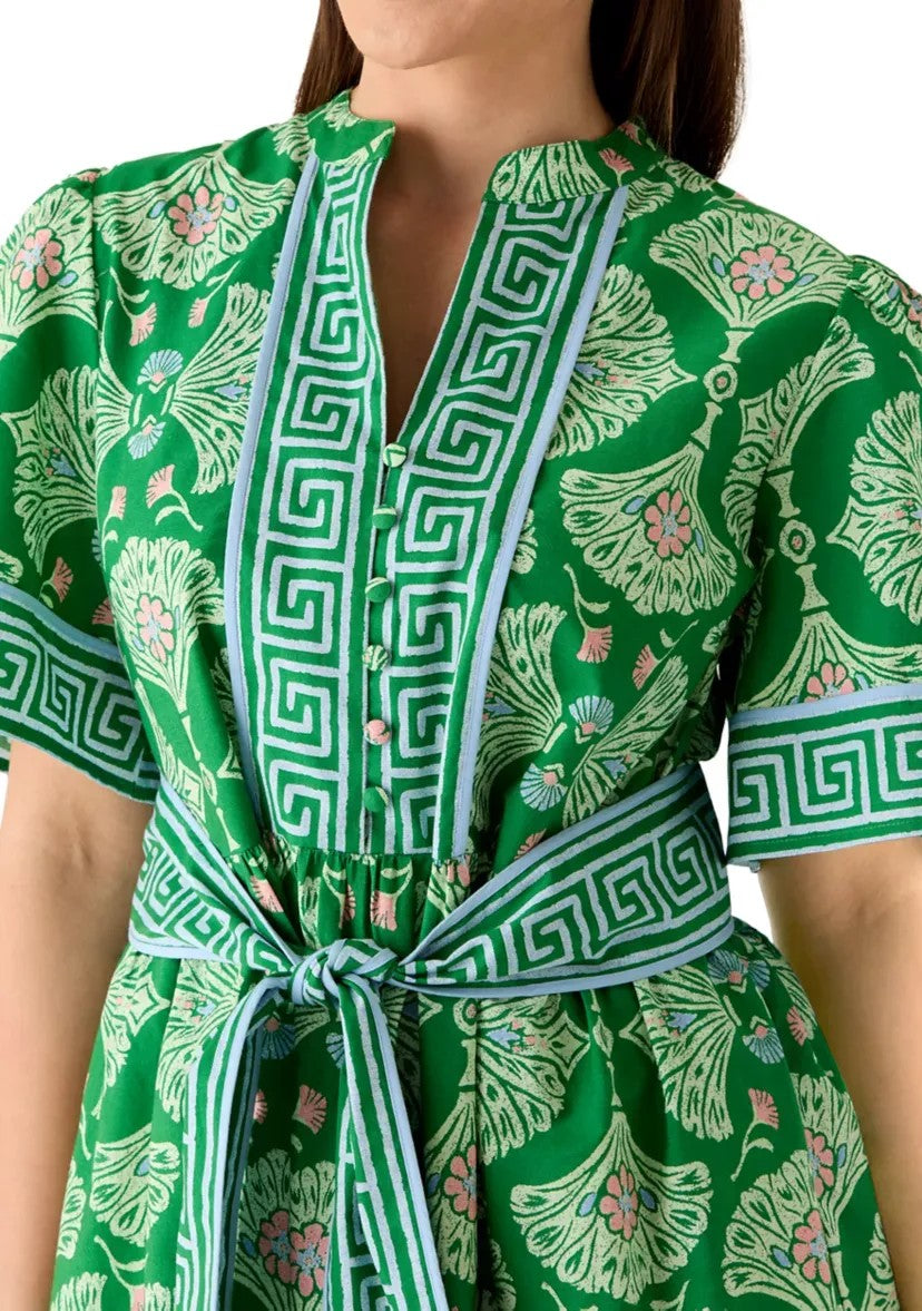 Green Greek Key Print Belted Midi Dress