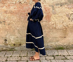 Navy & White Trimmed Linen Blend Vacation Dress