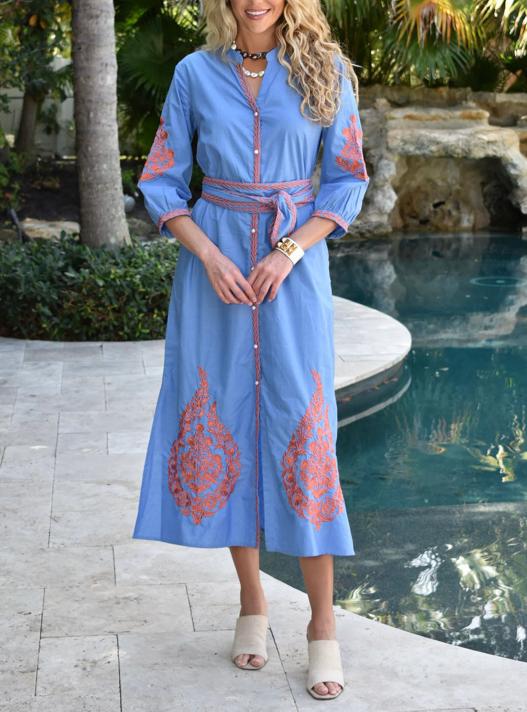Bohemian Blue Maxi Dress with Coral Embroidery