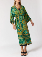 Bohemian Floral Print Belted Maxi Kimono Cover-Up
