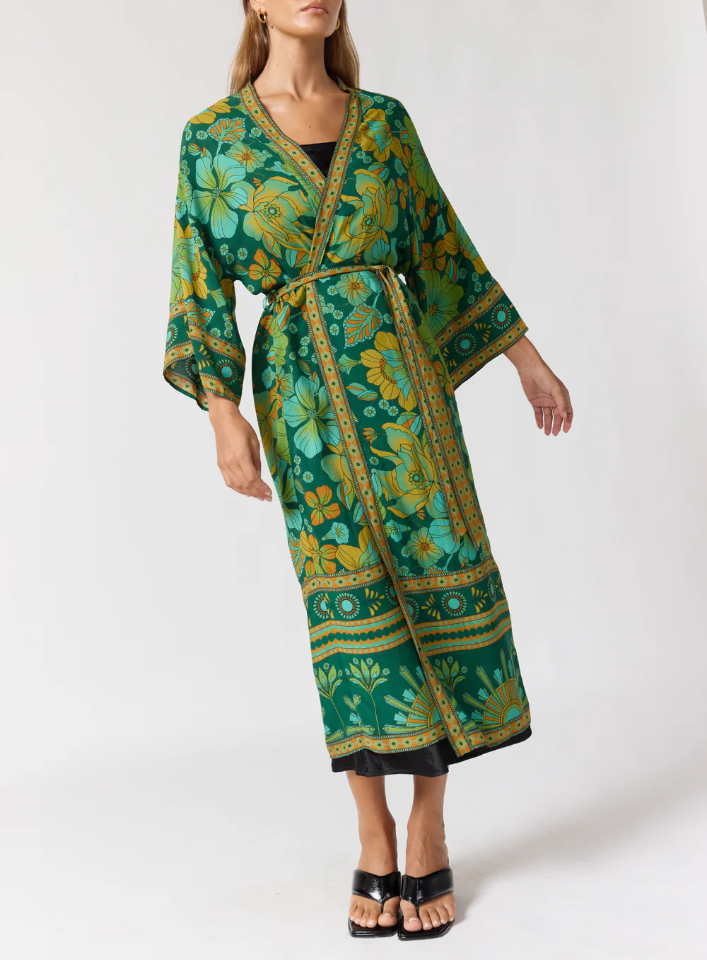 Bohemian Floral Print Belted Maxi Kimono Cover-Up