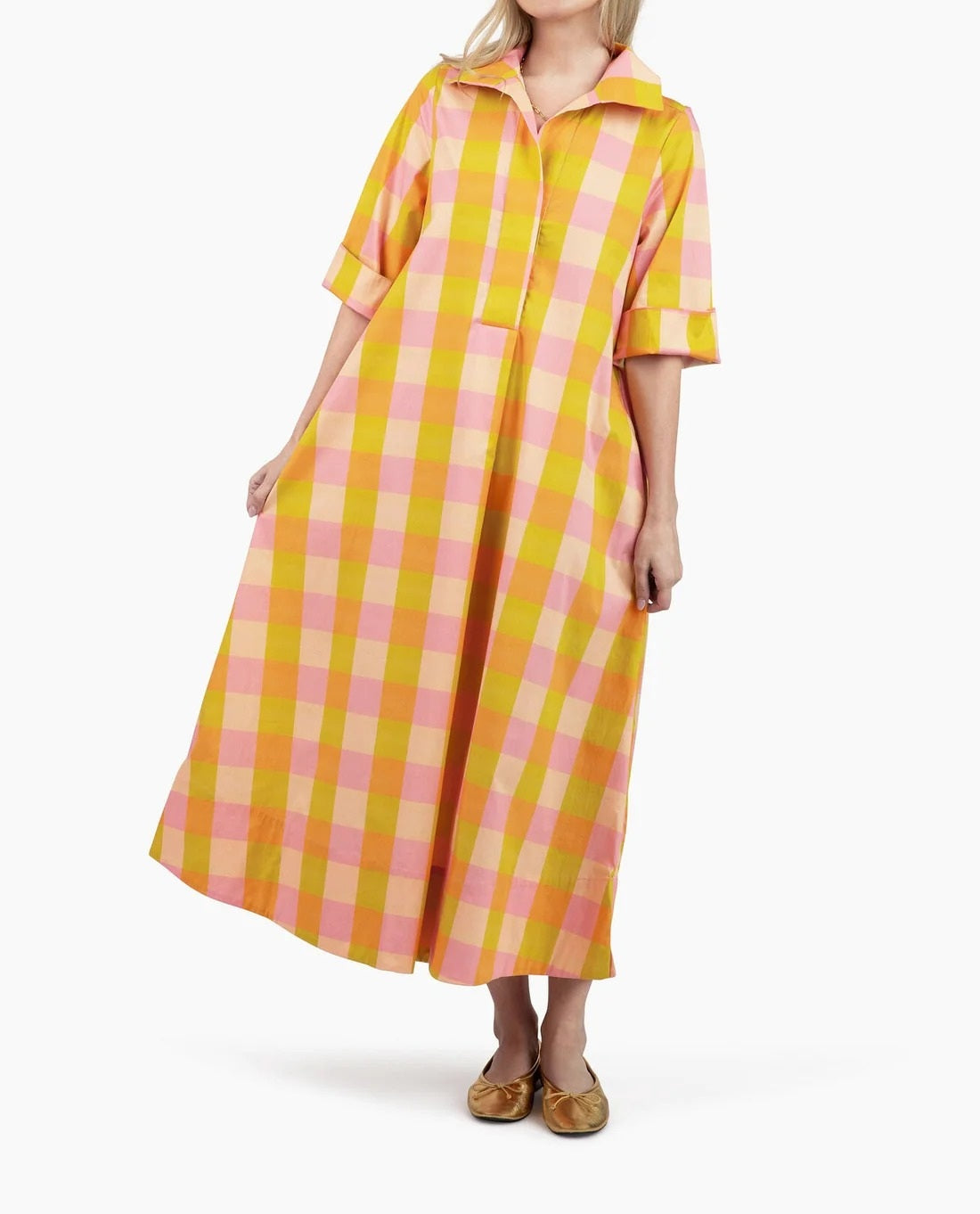 Pink & Citrus Gingham Oversized Midi Shirt Dress