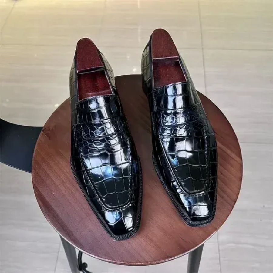Black Genuine Crocodile Leather Square-Toe Loafers