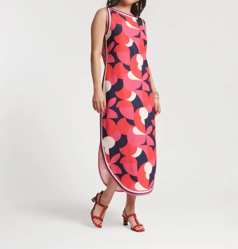 Retro Geometric Print Sleeveless Midi Shift Dress with Side Slit