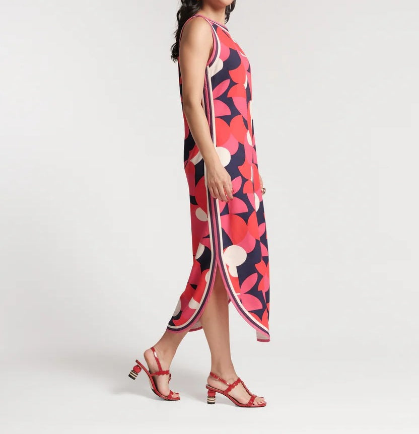 Retro Geometric Print Sleeveless Midi Shift Dress with Side Slit