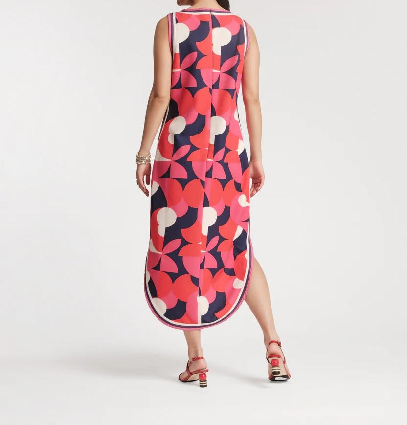 Retro Geometric Print Sleeveless Midi Shift Dress with Side Slit