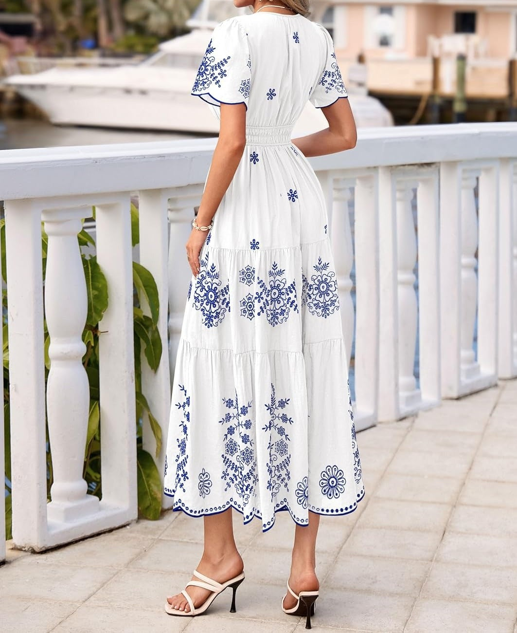 Blue and White Embroidered Tiered Maxi Dress