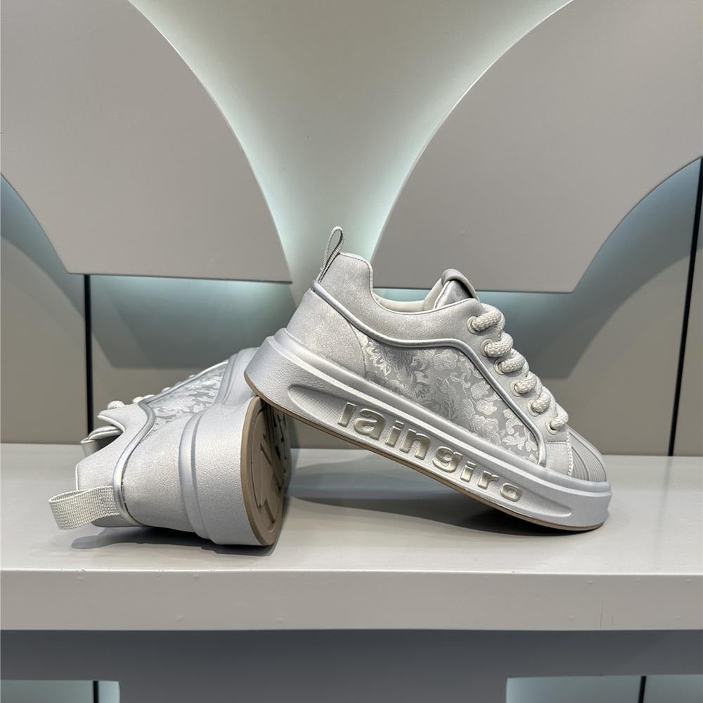 Grey Silver Floral Jacquard Chunky Sneakers