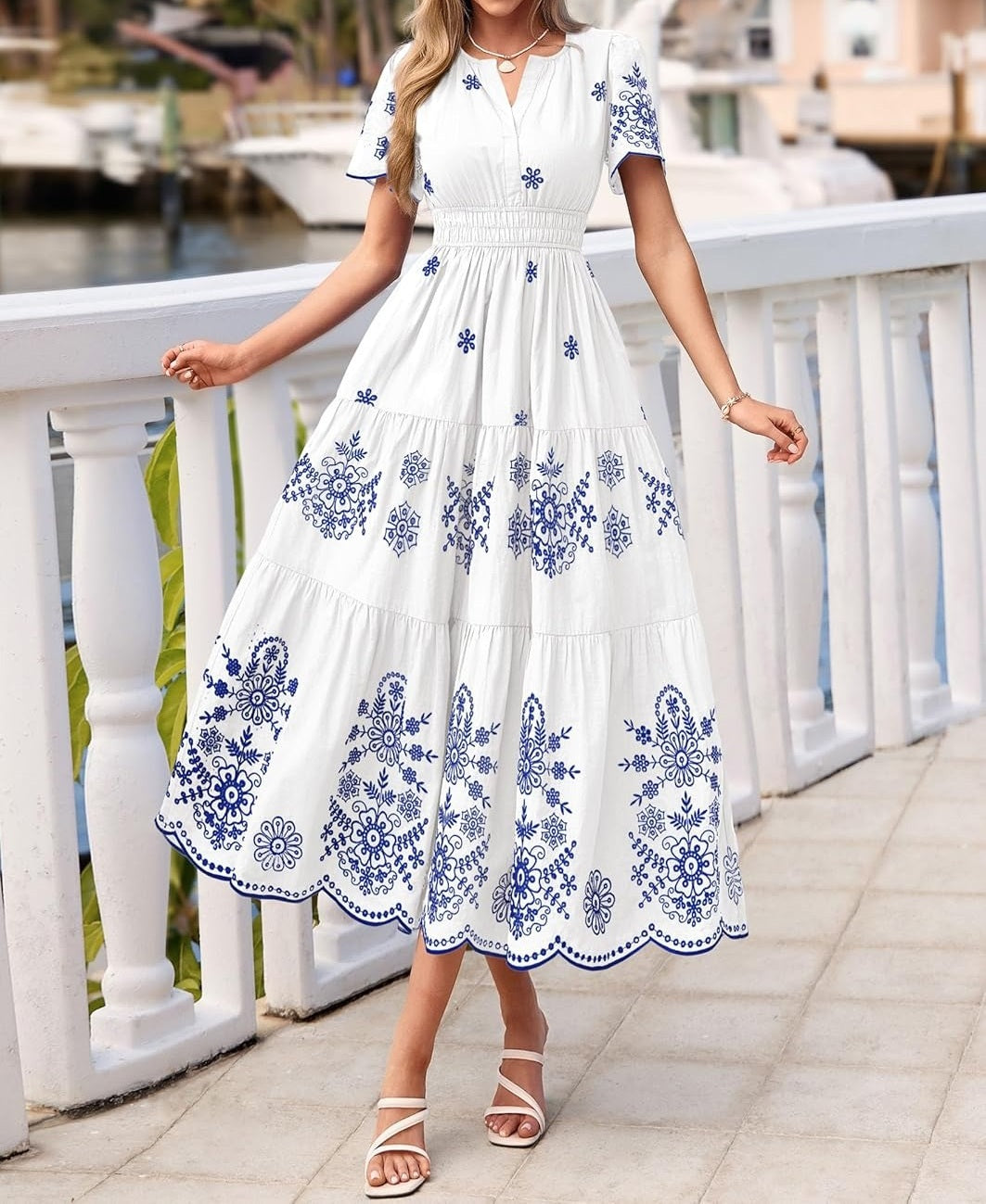 Blue and White Embroidered Tiered Maxi Dress