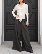 Cream Ruffle Trim Ribbed Knit V-Neck Cardigan