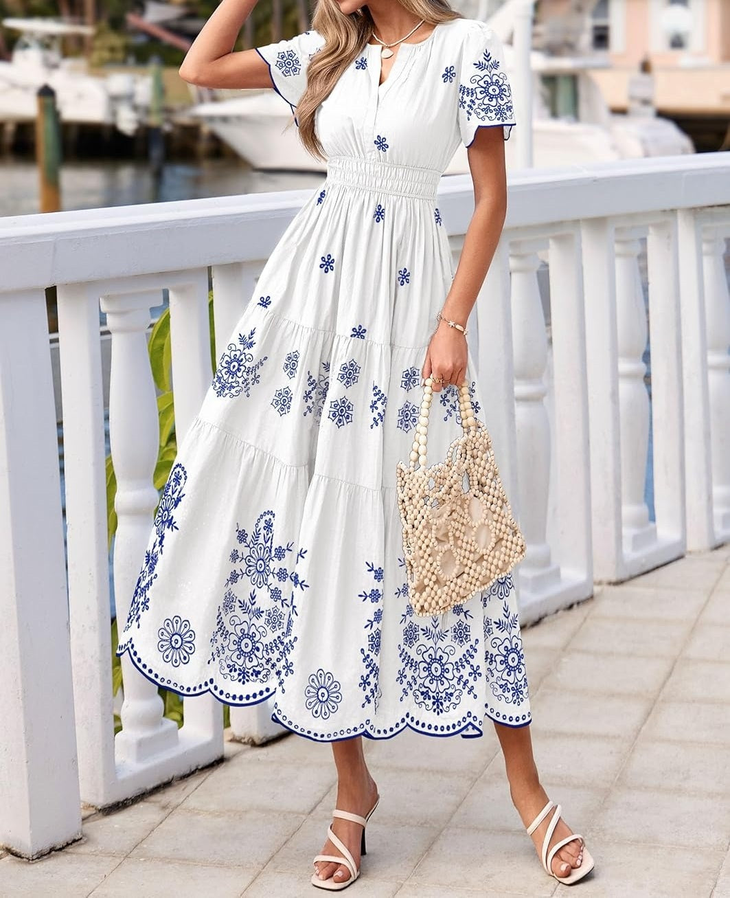 Blue and White Embroidered Tiered Maxi Dress