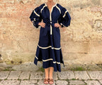 Navy & White Trimmed Linen Blend Vacation Dress