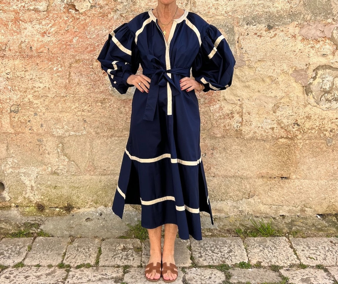 Navy & White Trimmed Linen Blend Vacation Dress