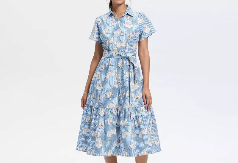Blue & White Stripe Floral Belted Tiered Midi Shirt Dress