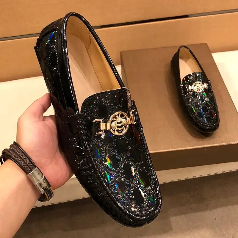 Men’s Black Patent Leather Bee Buckle Driving Loafers