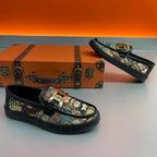 Vintage Bear Print Casual Loafers with Gold Buckle