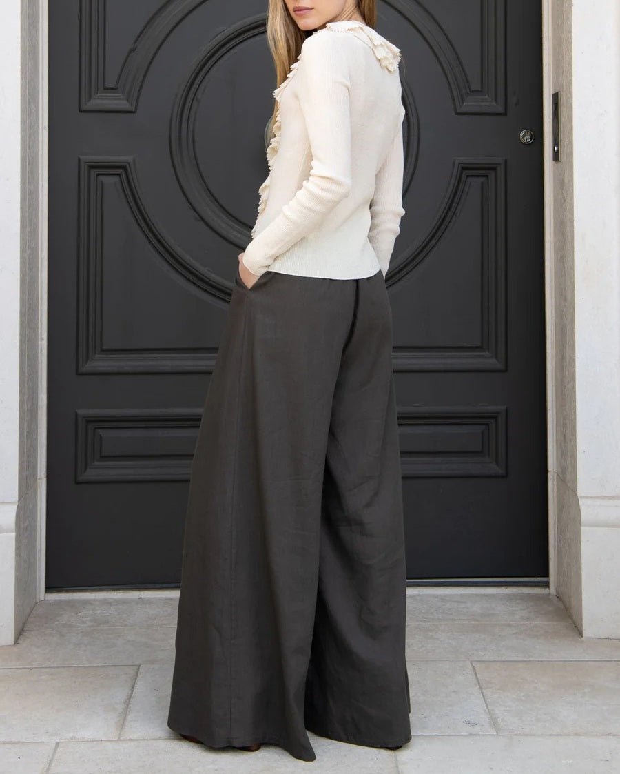 Cream Ruffle Trim Ribbed Knit V-Neck Cardigan