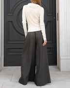 Cream Ruffle Trim Ribbed Knit V-Neck Cardigan