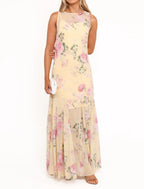 Yellow Pink Floral Chiffon Maxi Dress