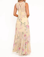 Yellow Pink Floral Chiffon Maxi Dress