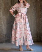 Pink Floral Print Button-Front Maxi Shirt Dress with Tassel Belt