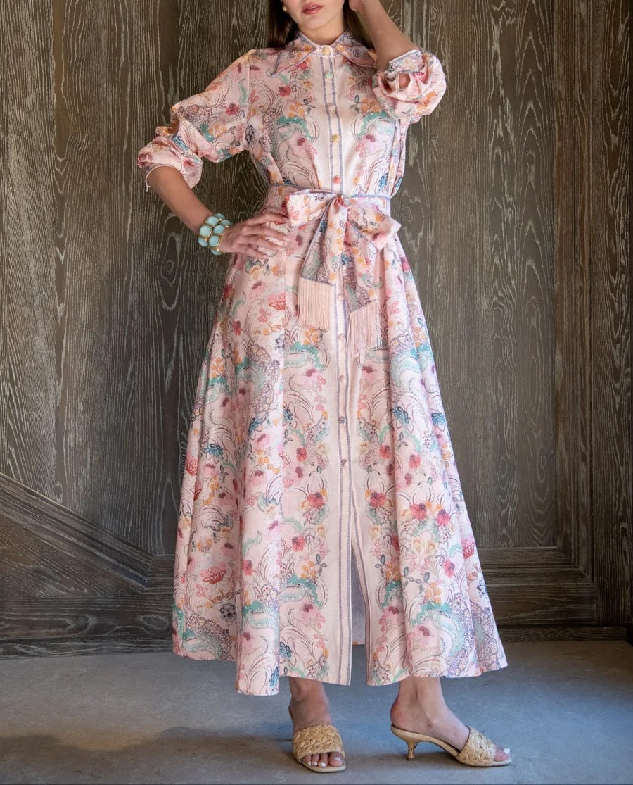 Pink Floral Print Button-Front Maxi Shirt Dress with Tassel Belt