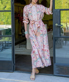 Pink Floral Print Button-Front Maxi Shirt Dress with Tassel Belt