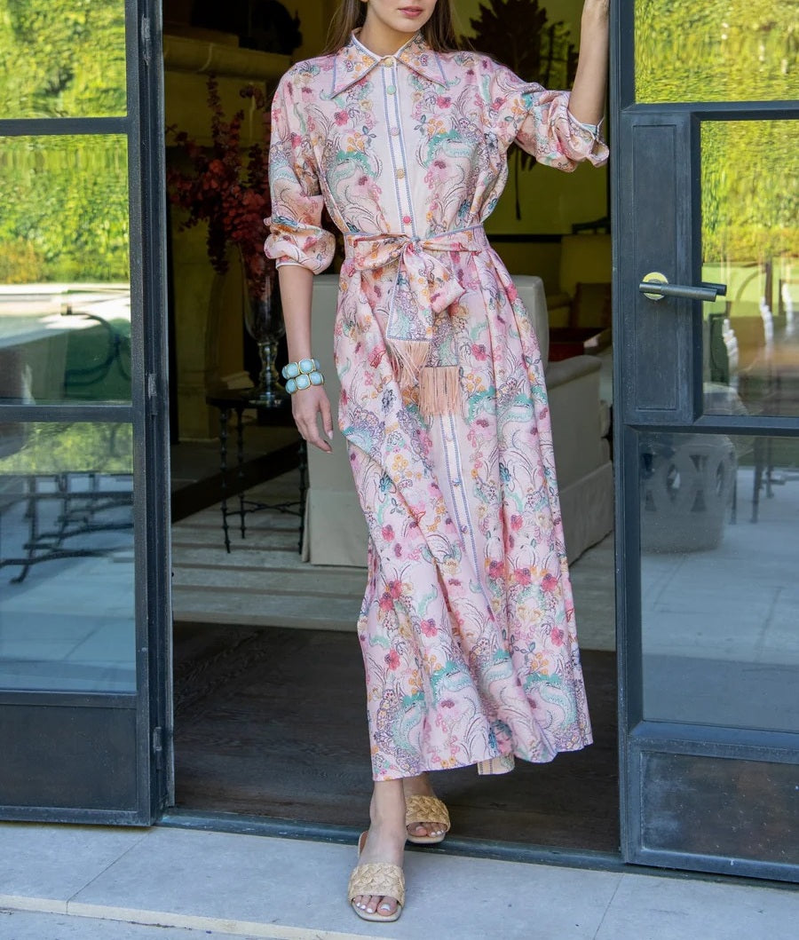 Pink Floral Print Button-Front Maxi Shirt Dress with Tassel Belt