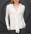 Cream Ruffle Trim Ribbed Knit V-Neck Cardigan