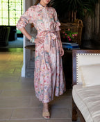 Pink Floral Print Button-Front Maxi Shirt Dress with Tassel Belt