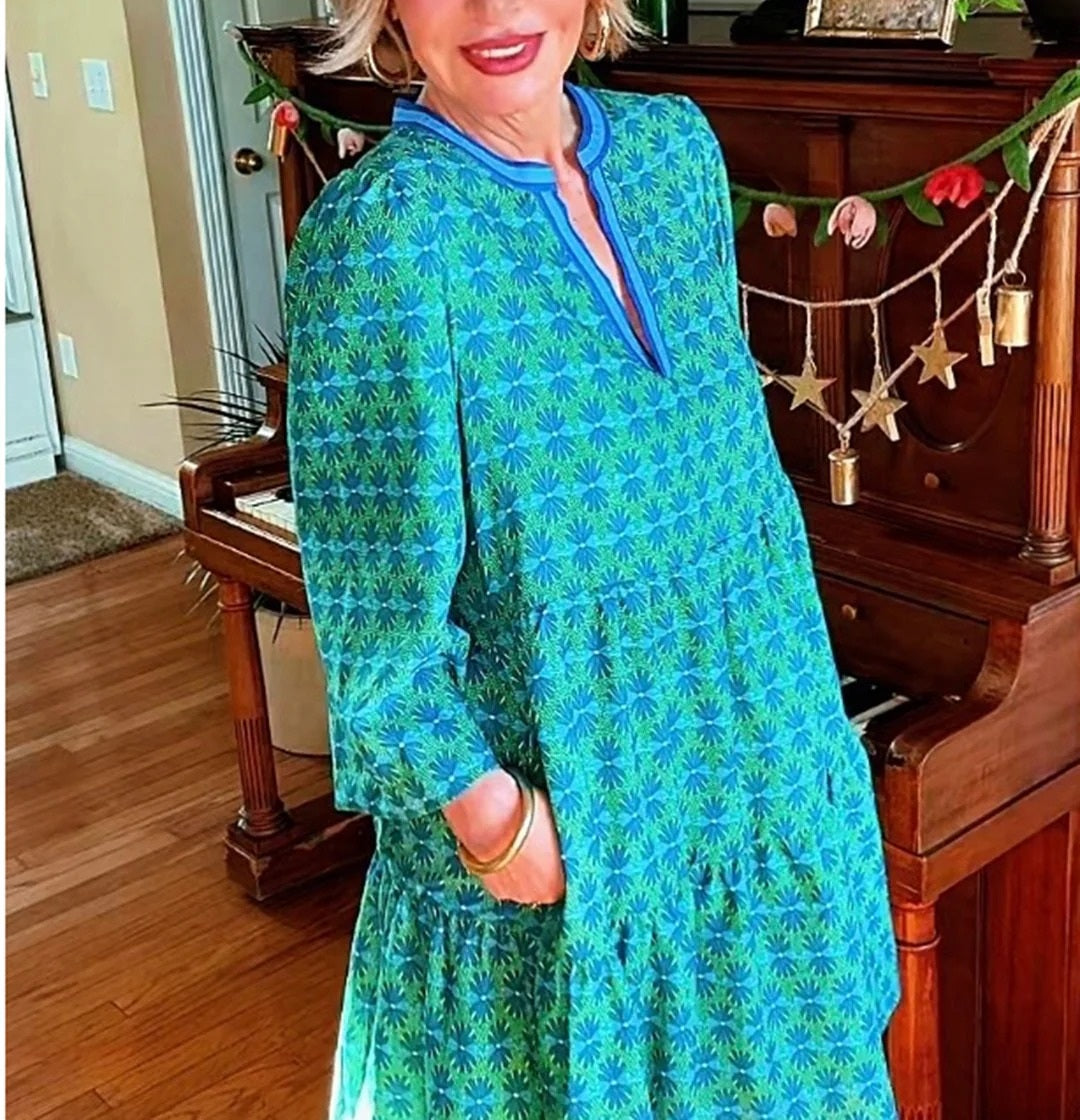 3/4 Sleeve Printed Tiered Cotton Dress with V-Neck