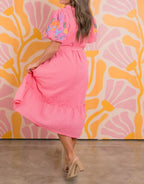 Pink Embroidered Puff Sleeve Tiered Midi Dress with Belt