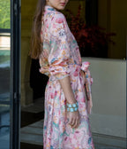 Pink Floral Print Button-Front Maxi Shirt Dress with Tassel Belt