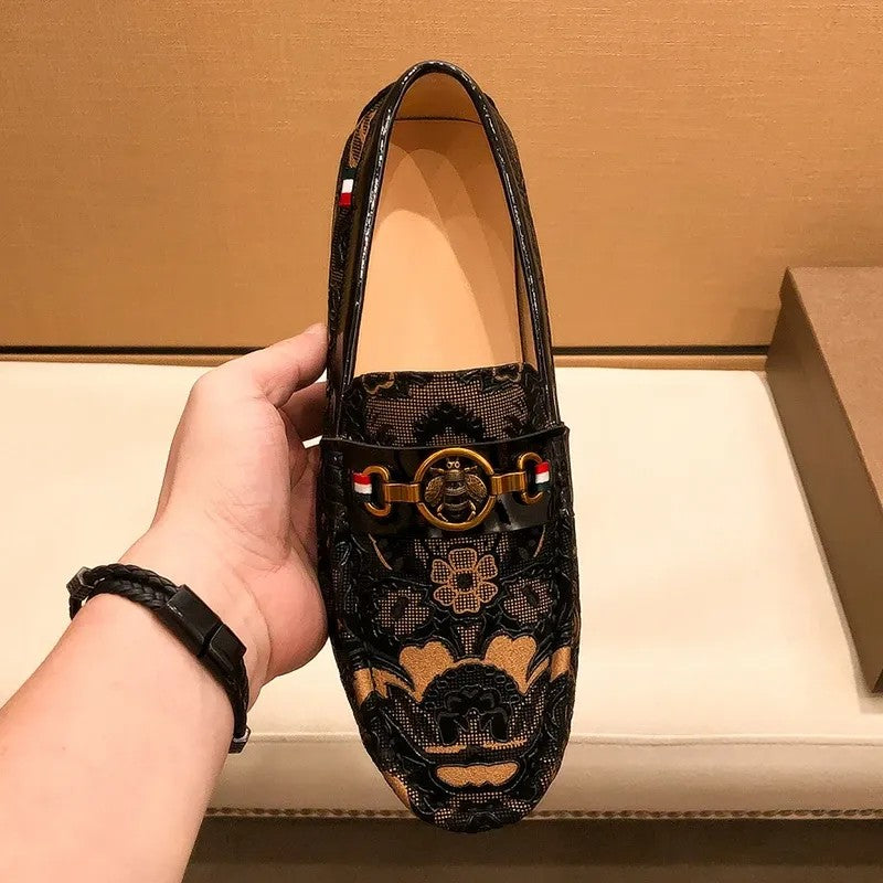 Luxury Patterned Leather Loafers with Gold Bee Hardware